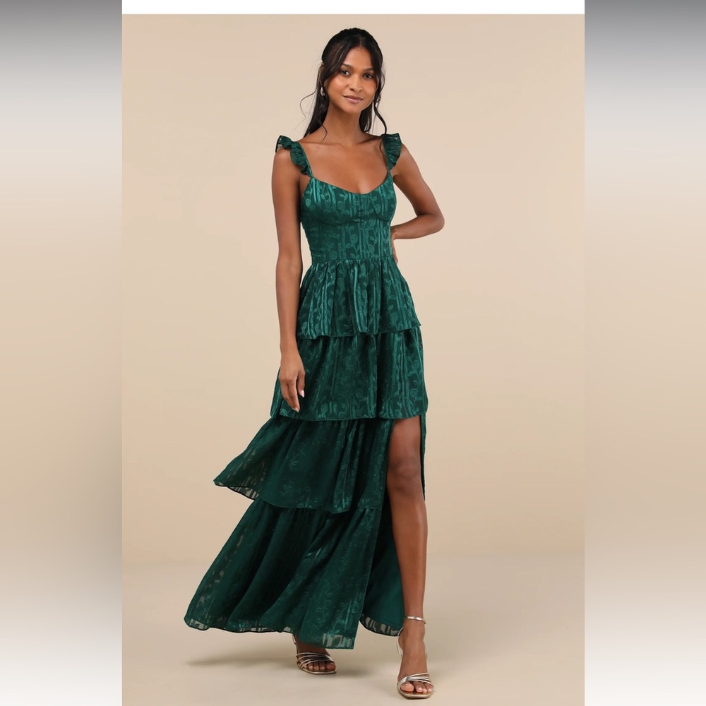 Lulus Stunning Glory Hunter Green Floral Jacquard Tiered Maxi Dress size XL